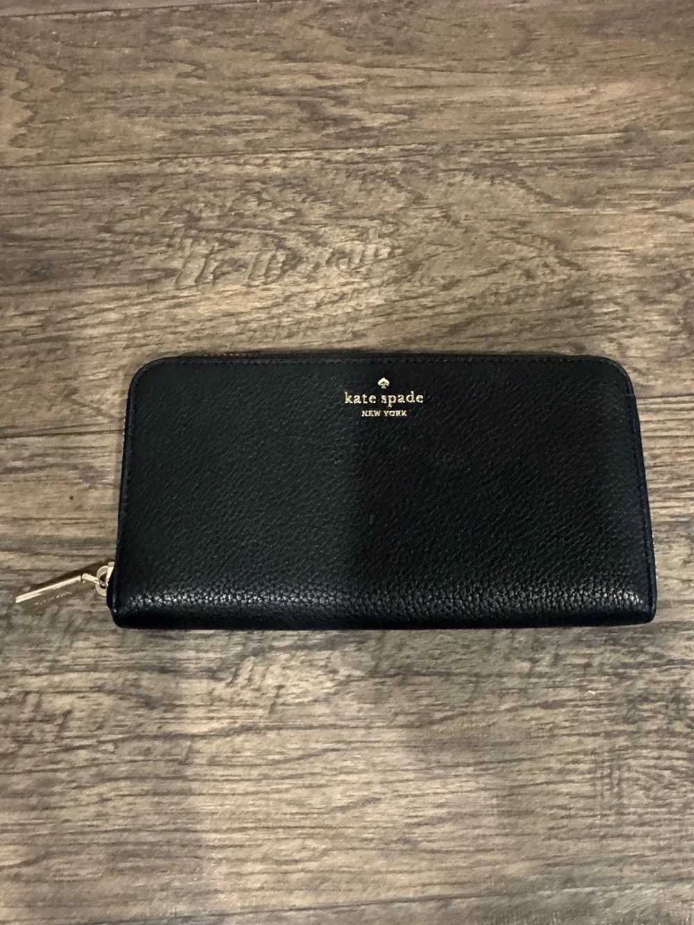kate spade Black Pebbled Leather Zip Wallet with Gold Logo